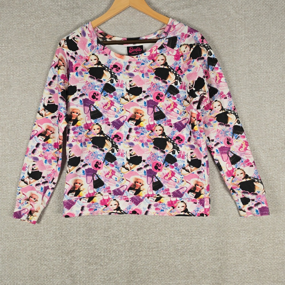 Barbie Forever 21 Womens Pink All Over Print Graphic Pullover Sweatshirt Medium